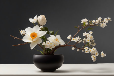 Beautiful spring flowers in vase on white table against dark backgroundの素材