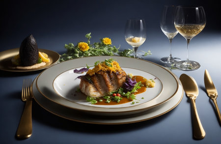 Fried mackerel fillet with vegetables on a white plateの素材