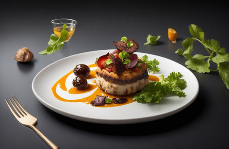 Fish tartare with caviar and vegetables on a black background.の素材