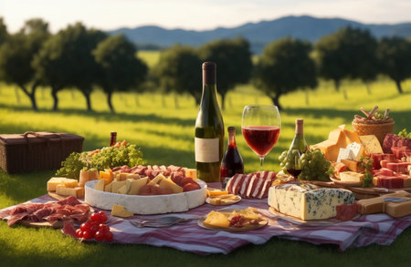 Cheese platter with red wine and snacks on green grass in vineyardの素材