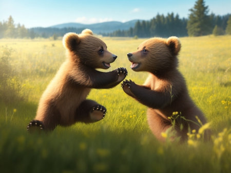 Two little brown bear cubs playing in the meadow in summerの素材