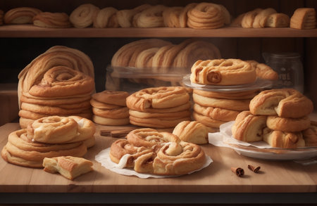 Cinnamon rolls on shelf in bakery shop. Bakery products.の素材