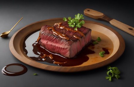 Sliced beef steak with sauce on a wooden plate on a black backgroundの素材
