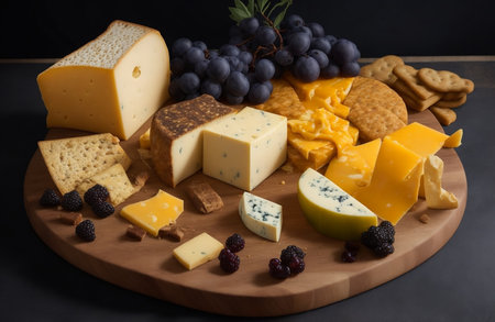 Cheese platter with grapes and crackers on a black backgroundの素材