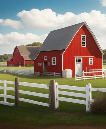 Red barn on a farm with white picket fence in the foregroundの素材