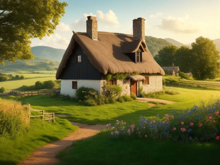 Beautiful cottage with thatched roof in the countryside at dawn.の素材