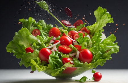 Fresh salad with cherry tomatoes, onion and lettuce on a dark backgroundの素材