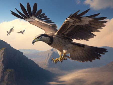3D rendering of a hawk flying in the sky with mountains in the backgroundの素材