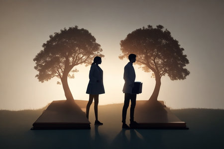 Silhouette of two business people standing on a book with treesの素材