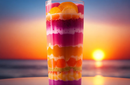 Colorful fruit smoothies in a glass on the beach at sunsetの素材