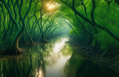 Mangrove forest with reflection in the river, Thailand.の素材