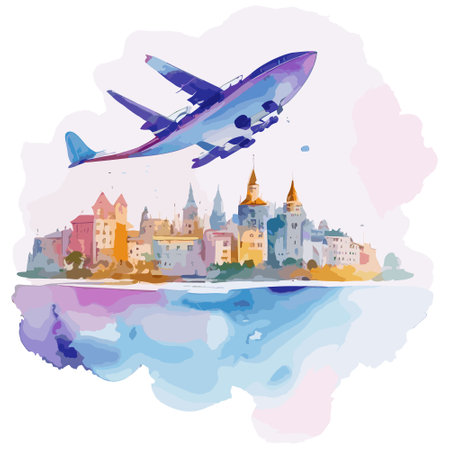 Airplane flying over old town of Tallinn, Estonia. Vector illustration.のイラスト素材