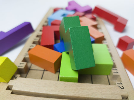 Wooden building blocks, close-up.