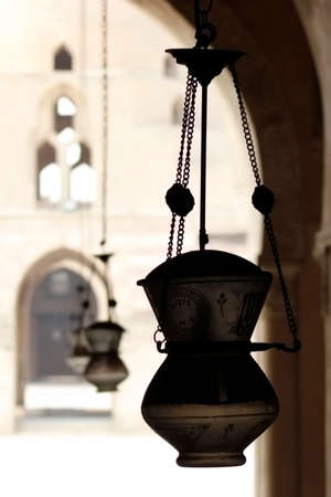 Old lanterns in the arabic courtyard of the mosque.の写真素材