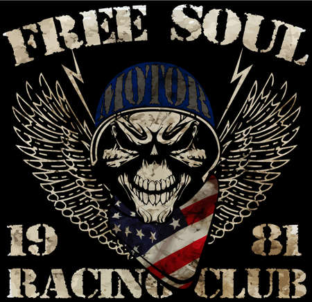 Motorcycle Racing Typography Graphics and Poster. Skull and Old school bike. T-shirt Design, vector illustrationのイラスト素材