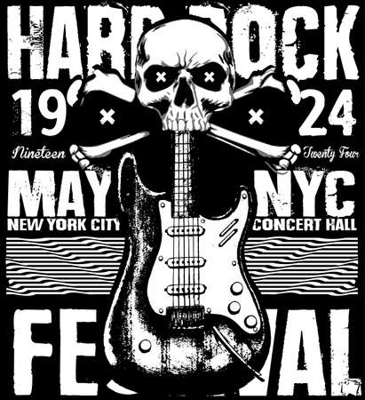 Rock poster grunge monochrome hipster vintage label , badge , flayer " hard rock " for poster or t-shirt print with electric guitar, lightningのイラスト素材