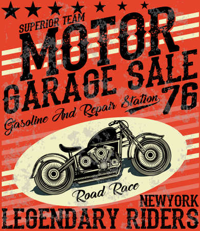 Motorcycle label t-shirt design with illustration of custom chopperのイラスト素材