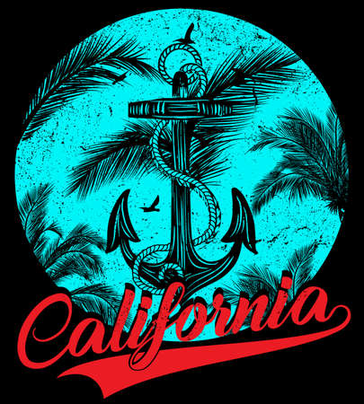 California  - vector illustration concept in vintage graphic style for t-shirt and other print production. Palms; wave and sun vector illustration. Design elements.のイラスト素材