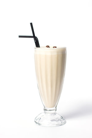 Three glasses of various milkshakes (chocolate, strawberry and vanilla) isolated on white background