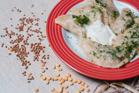 ravioli with sour cream and spicesの写真素材