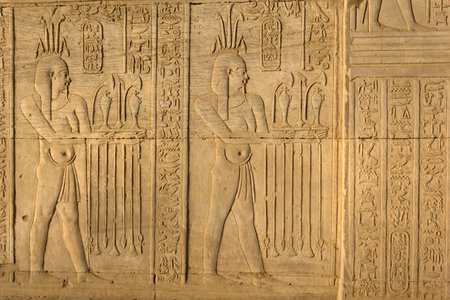 Detailed view of ancient Egyptian hieroglyphic carvings in Kom Ombo temple.