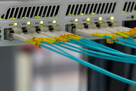 Optical fibre communication panel in a data center.