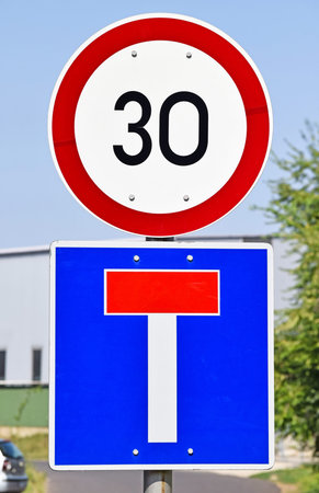 Speed limit and dead end traffic signs on the road