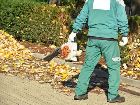 Street cleaner works in autumn on the street