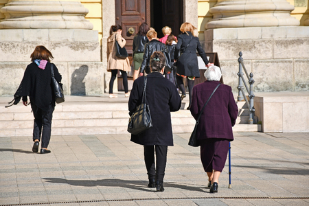 People are going to the churchの写真素材