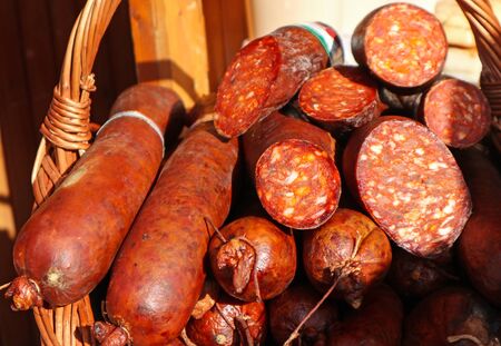 Sausages for sale at the bucher shopの写真素材