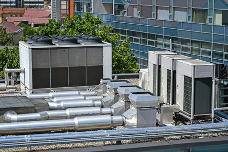 Industrial air conditioners on the top of an office building