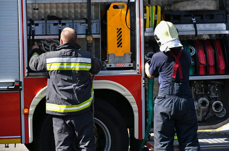 Firefighter at the scene of a fireの写真素材