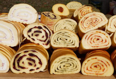 Homemade cheese for selling outdoorの写真素材