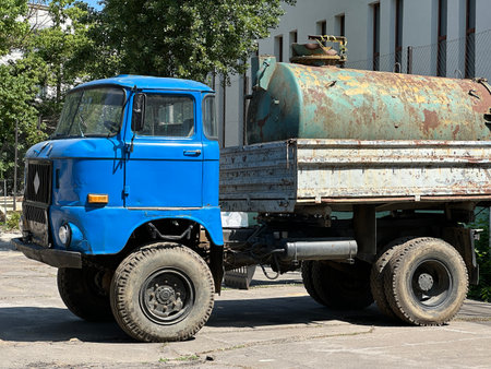 55 years old truck with a large containerの写真素材