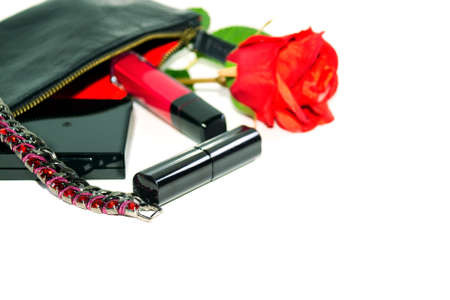 Lady's goods: make up bag, cosmetics and fashion jewerly on white background with soft shadowsの写真素材