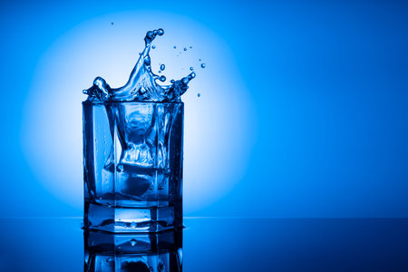 A splash of clear water in a glass tumbler from the fall of a piece of ice on a blue background....