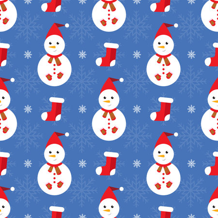 Christmas seamless pattern with snowmen and red socksのイラスト素材