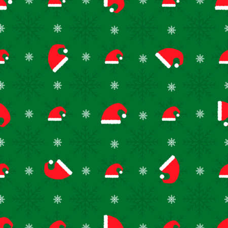 Christmas seamless patternwith red hats on green backgroundのイラスト素材