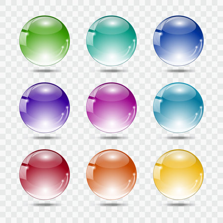 Set of multicolored glass spheres with shadows on checkered backgroundのイラスト素材