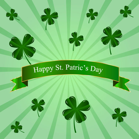 St. Patric's Day poster with four leaves clover on green backgroundのイラスト素材