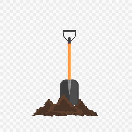 Shovel in the ground. Gardening tool on checked background. Isolated shovel in heap of soilのイラスト素材