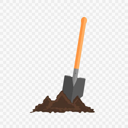 Sapper shovel in the ground. Gardening tool on checked background. Isolated shovel in heap of soilのイラスト素材
