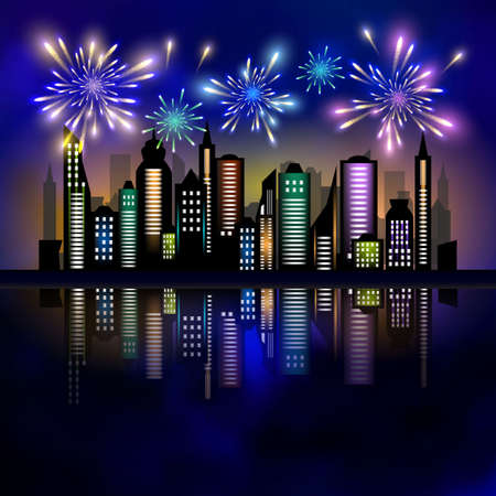 Fireworks over the city. Skycrapers and fireworks. City skyline. City illustrationのイラスト素材