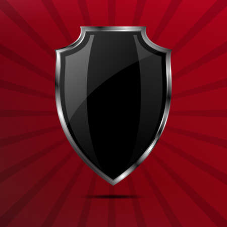 Metallic black silver shield on red comic background with raysのイラスト素材
