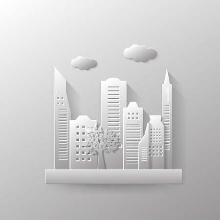Paper town concept. White city illustration. Skyline flat designのイラスト素材