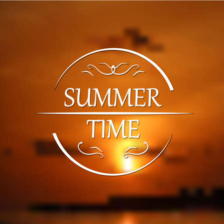Summer holidays poster with sunset blurred background. Badge vector illustrationのイラスト素材