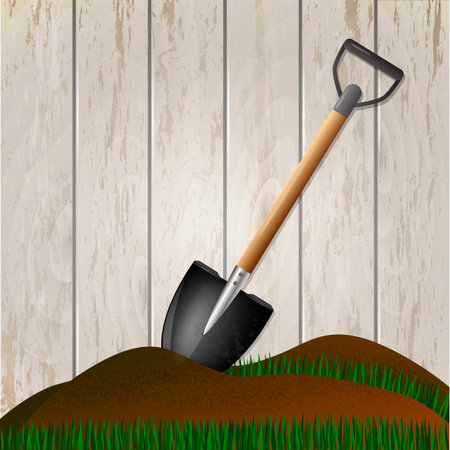 Shovel in the ground. Gardening tool on wooden fence background. Isolated shovel in heap of soilのイラスト素材