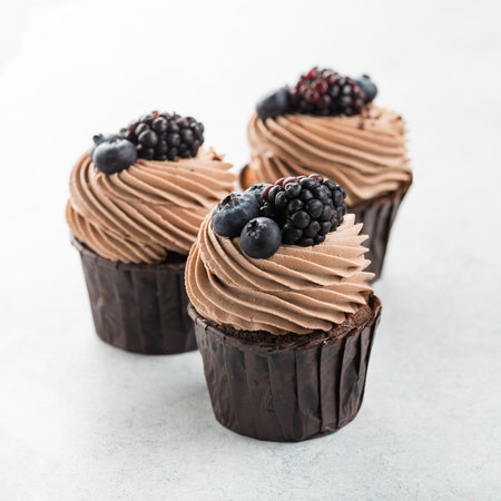 Berry chocolate cupcakes on white backgroundの写真素材
