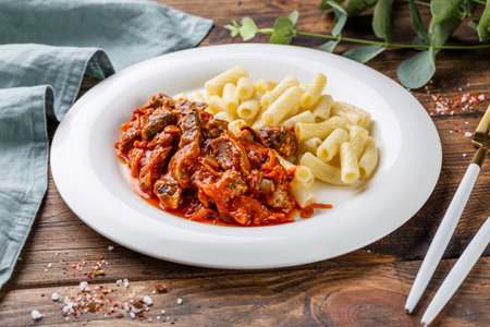 Overhead view of spicy hungarian beef in sauce served beside plain pastaの写真素材