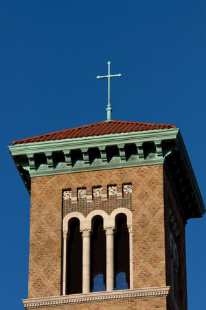 Cross placed on church roof and tower.の写真素材